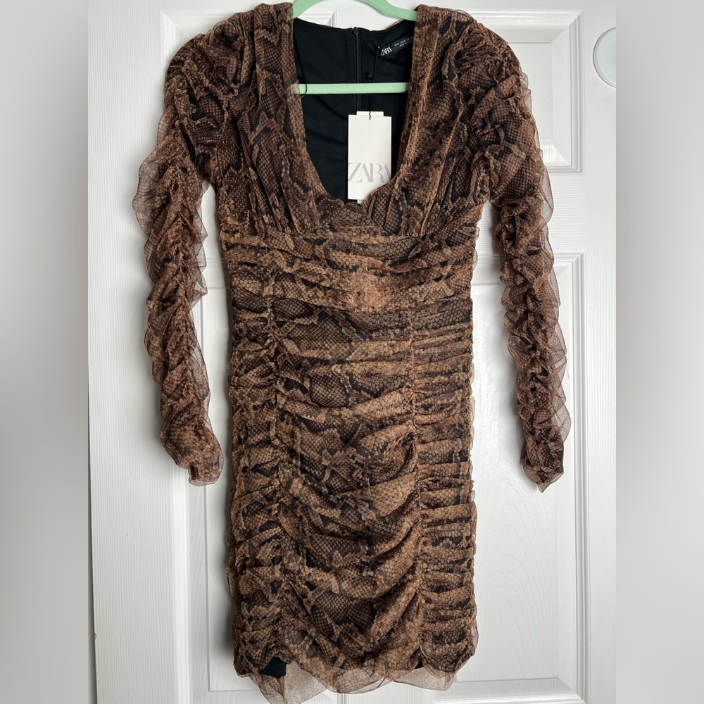 Zara Brown Snake Print Draped Tulle V Neck
Long Sleeve NWT